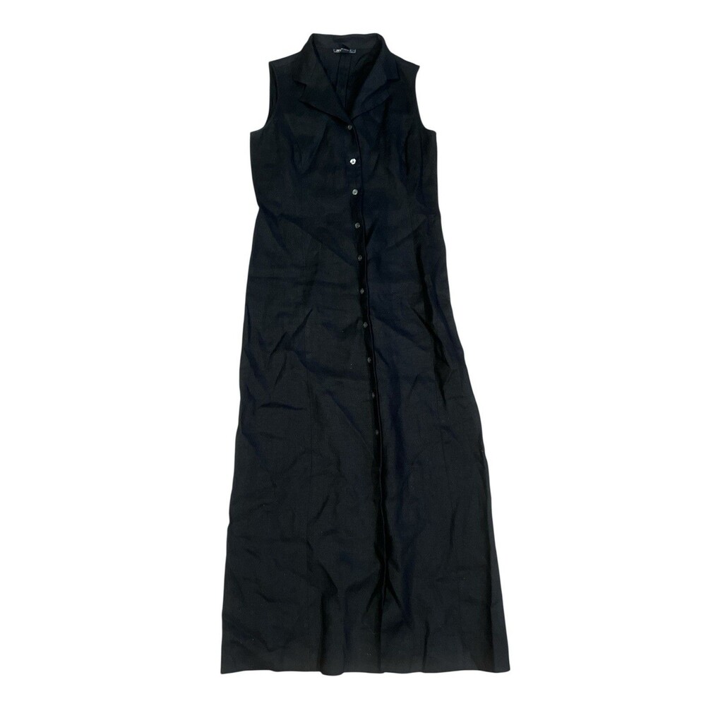 Vintage Harolds Linen Dress Black Maxi Button Up Sleeveless Womens 4 Coastal